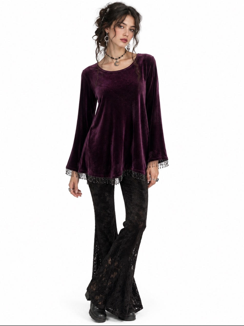Vintage Ronni Nicole Velvet Plum Tunic Top With Beaded Tassels Size Medium